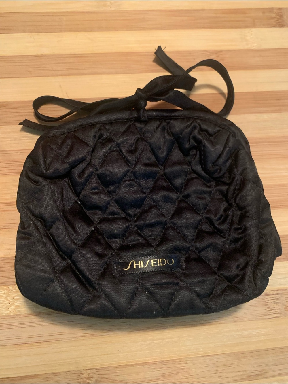 Shiseido Black Quilted Satin Travel Cosmetic Pouch with Bow